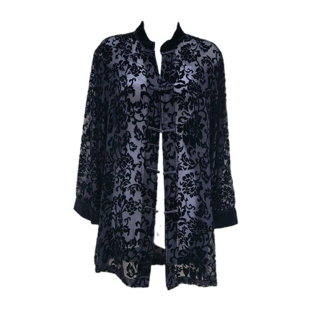 90s Blk Burnout Velvet Sheer Cardigan Dustr Sz S Silk Blnd Whimsigoth Witchy Y2K